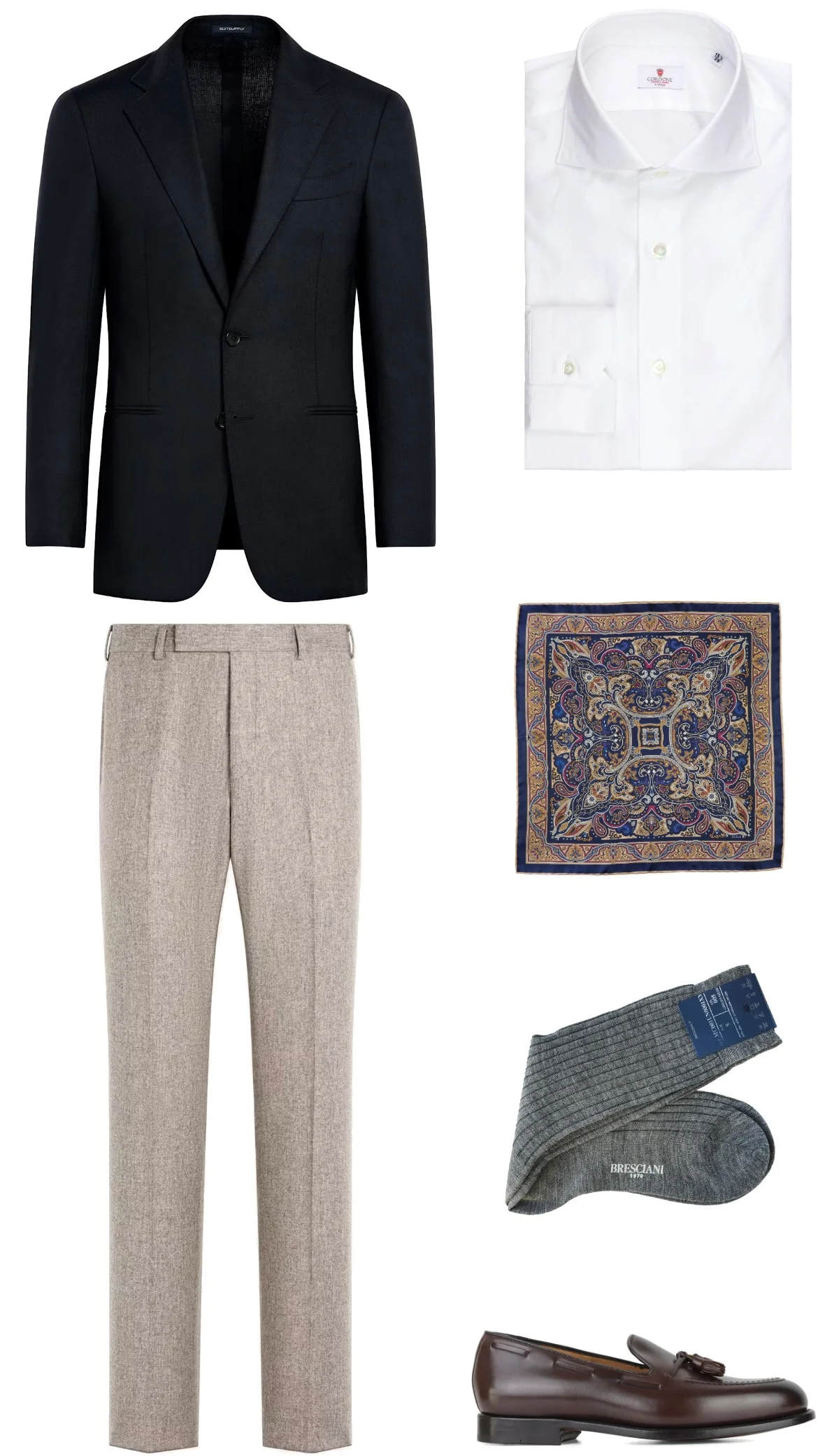 Navy blazer, white shirt, light brown flannel wool trousers and dark brown tassel loafers outfit