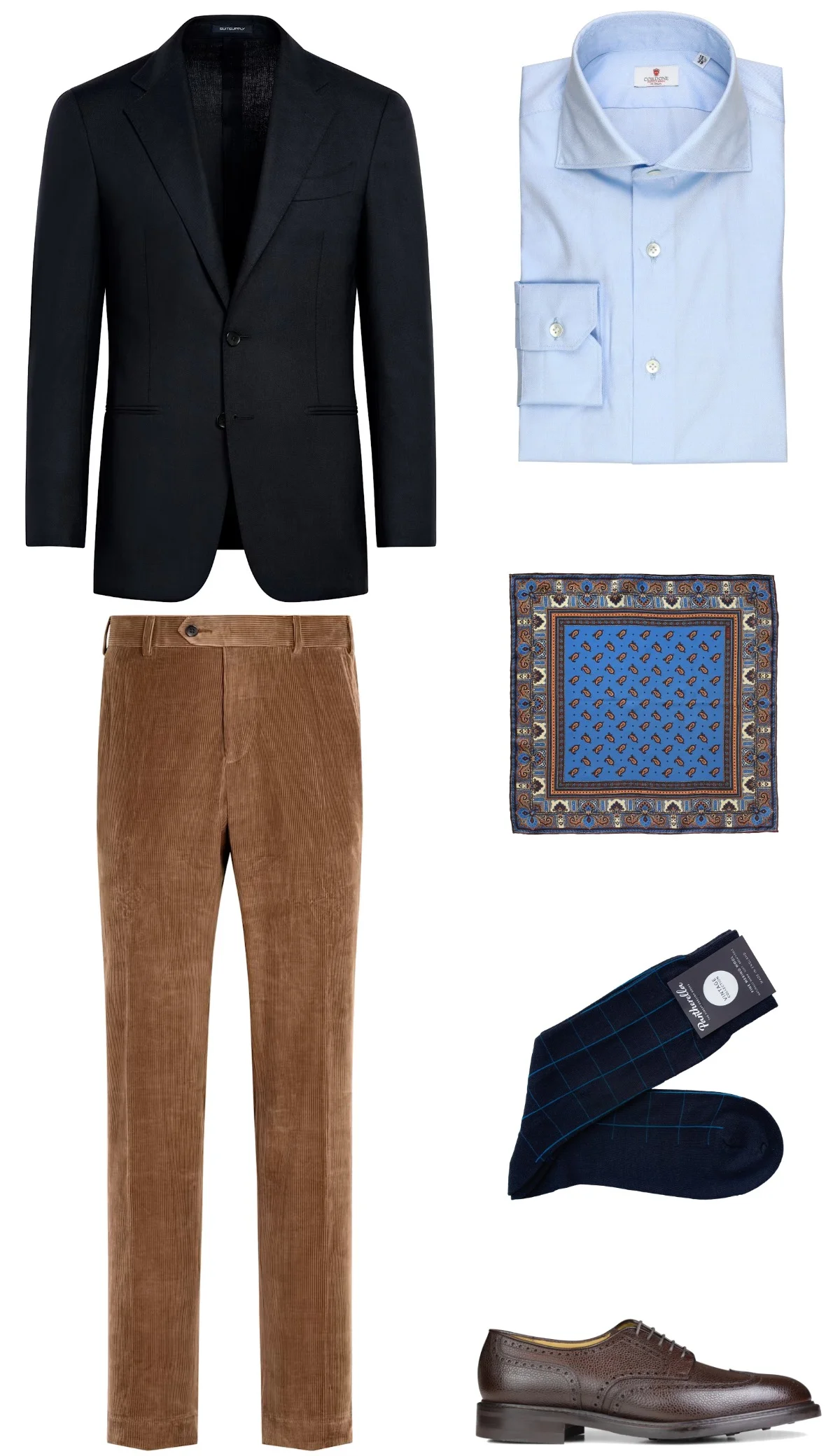 Navy blazer, light blue shirt, brown corduroy trousers and dark brown brogues derby shoes outfit