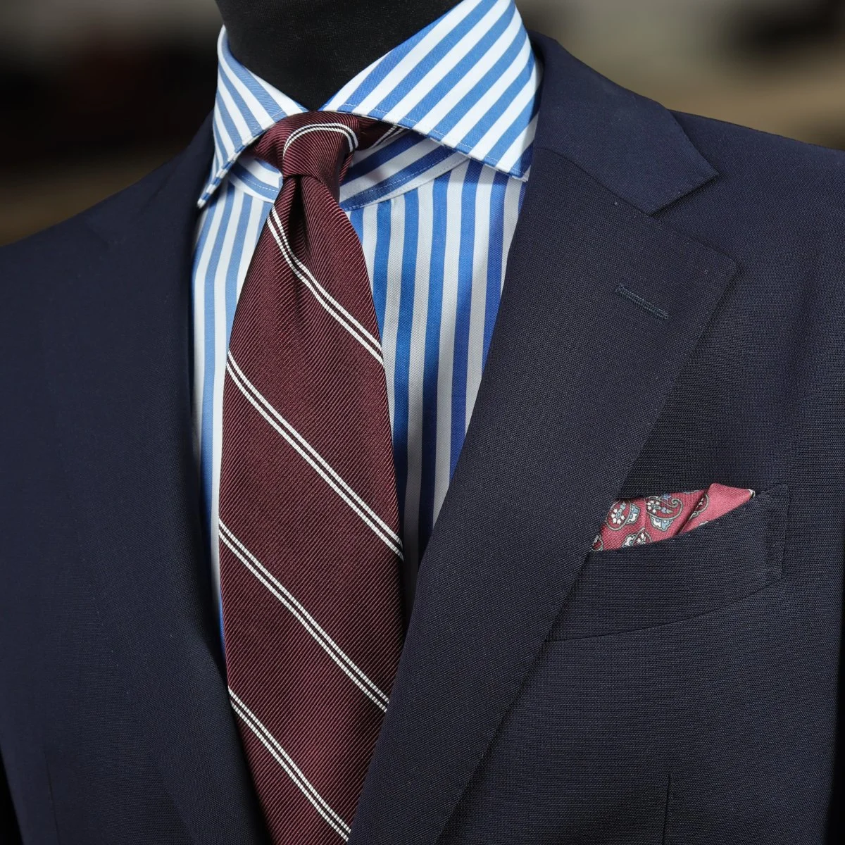 blue suit striped shirt striped burgundy tie blue suit combinations