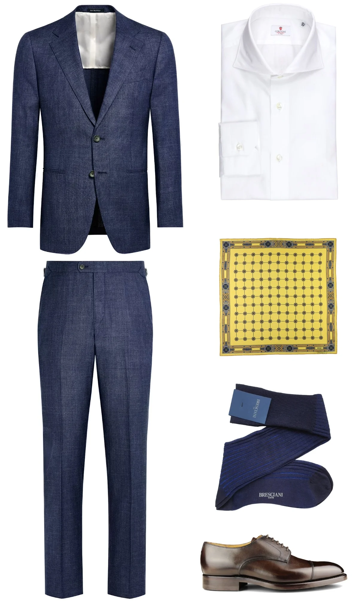 Smart Casual outfit - navy suit, white shirt, yellow pocket square, dark brown derby shoes