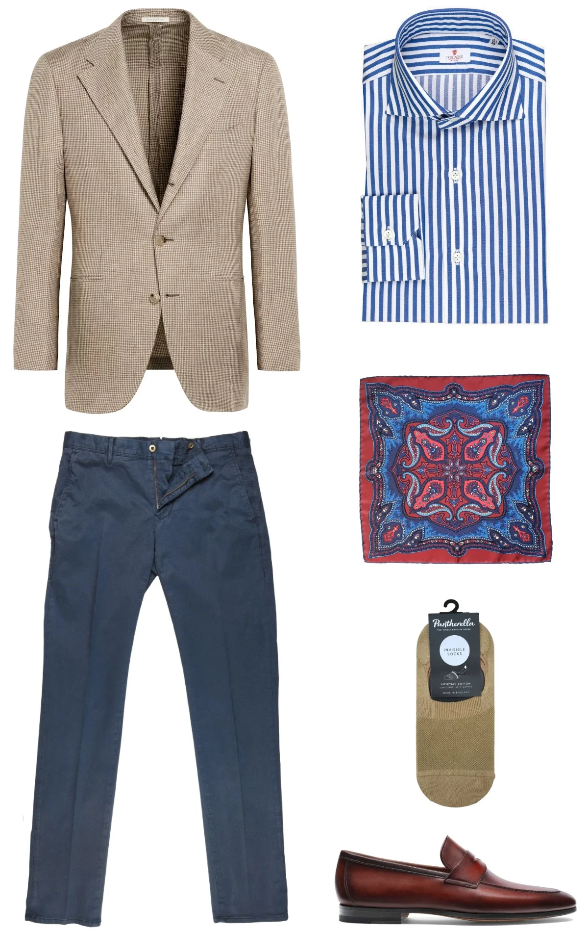 Smart Casual outfit - light brown blazer, blue chinos, blue striped shirt, mahogany loafers