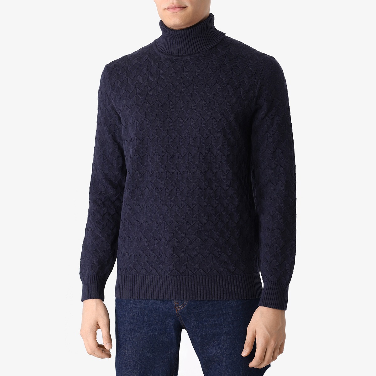 BML textured navy cotton roll neck sweater