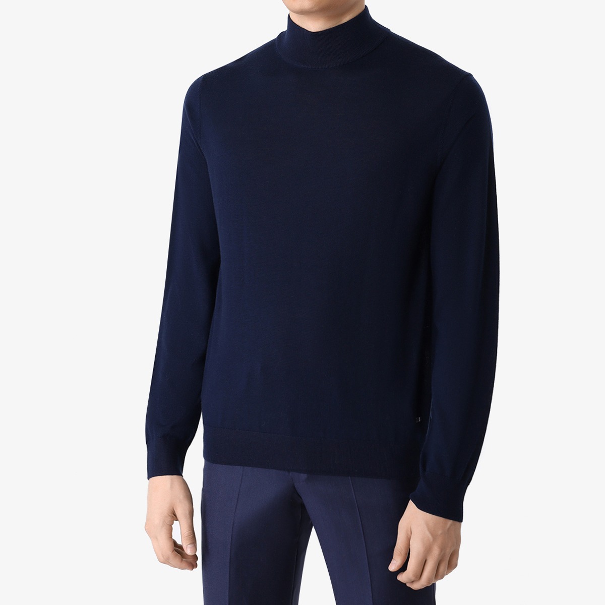 BML navy merino wool mock neck sweater