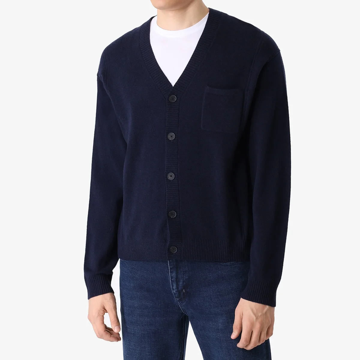 BML navy merino wool and cashmere v-neck cardigan