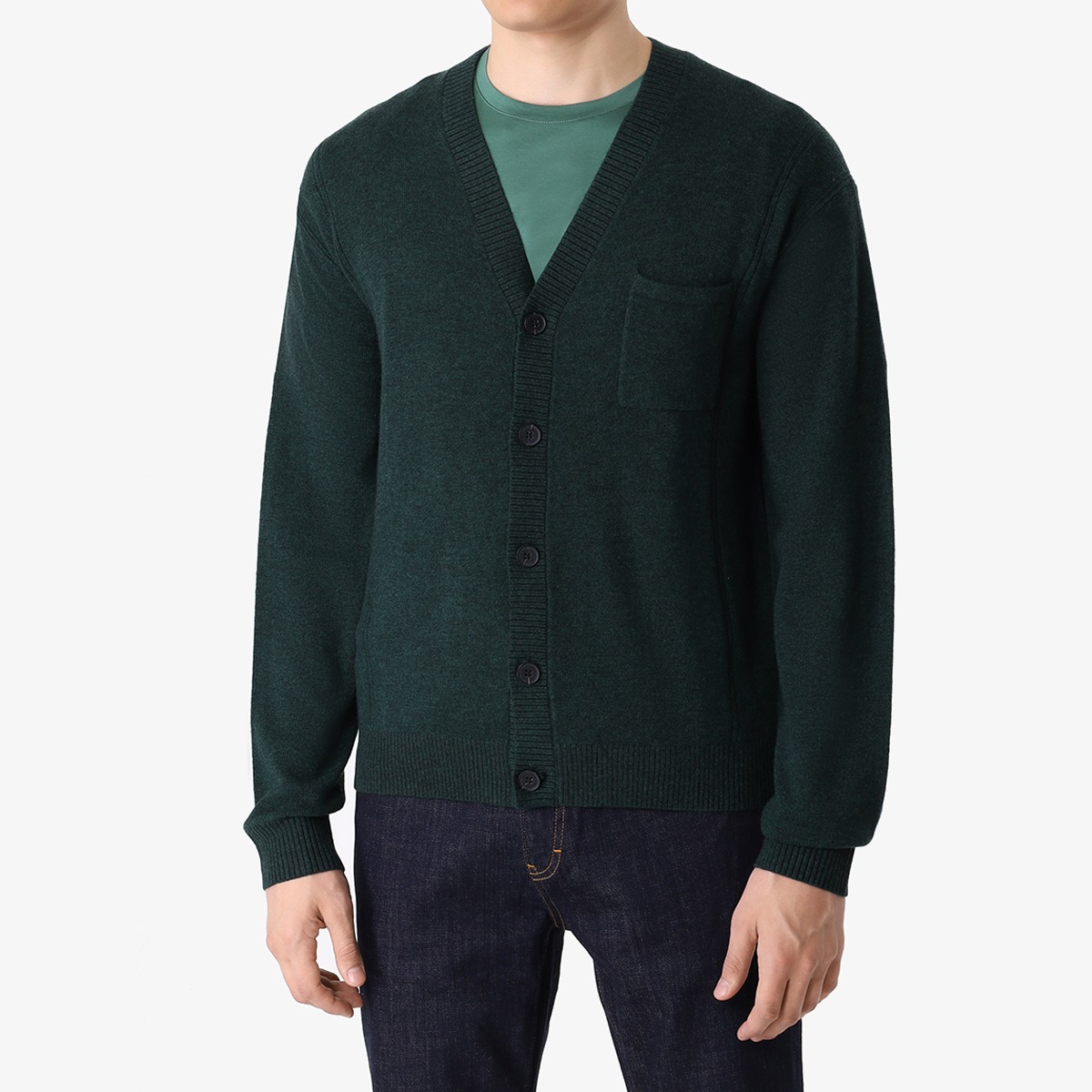 BML forest green merino wool and cashmere v-neck cardigan