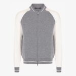 BML grey and white wool and cashmere crew neck zip cardigan