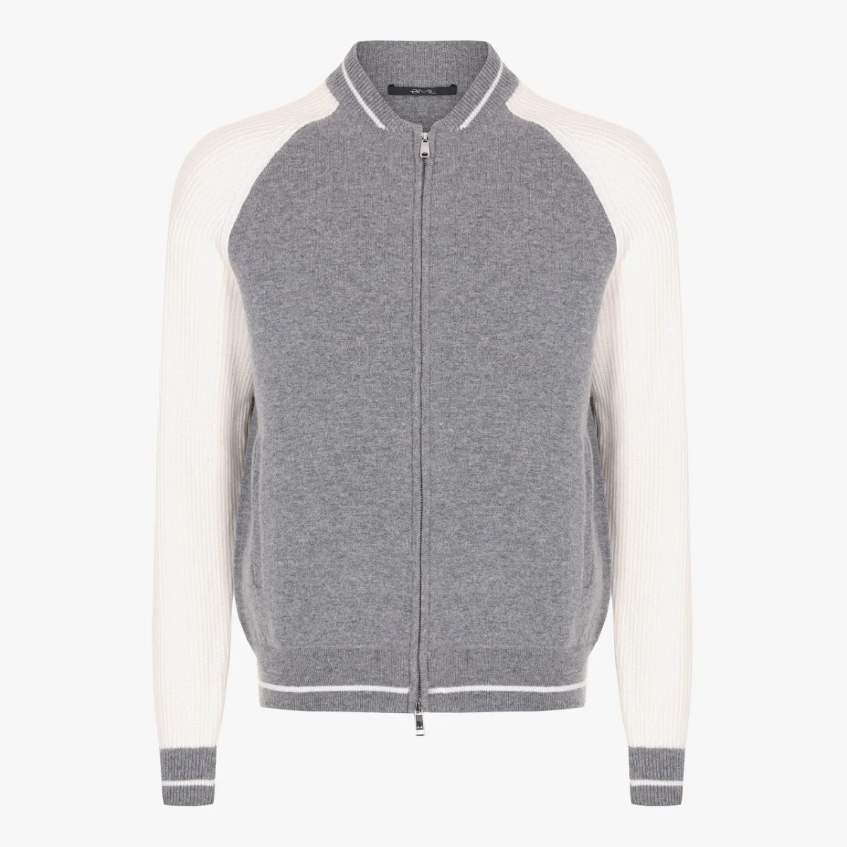 BML grey and white wool and cashmere crew neck zip cardigan