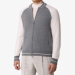 BML grey and white wool and cashmere crew neck zip cardigan