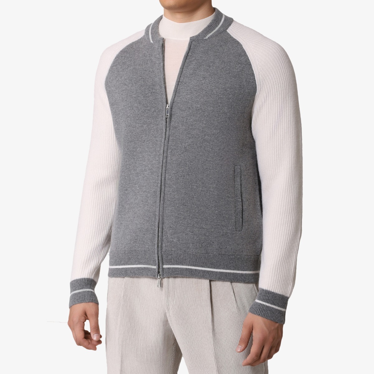 BML grey and white wool and cashmere crew neck zip cardigan