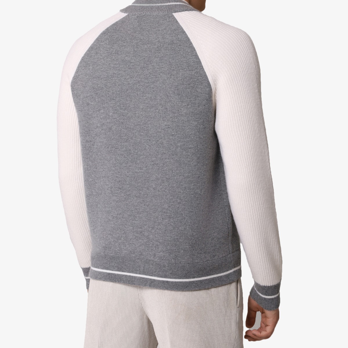 BML grey and white wool and cashmere crew neck zip cardigan