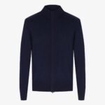 BML navy merino wool mock neck zip cardigan