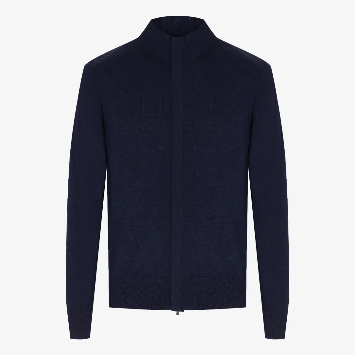 BML navy merino wool mock neck zip cardigan