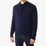 BML navy merino wool mock neck zip cardigan
