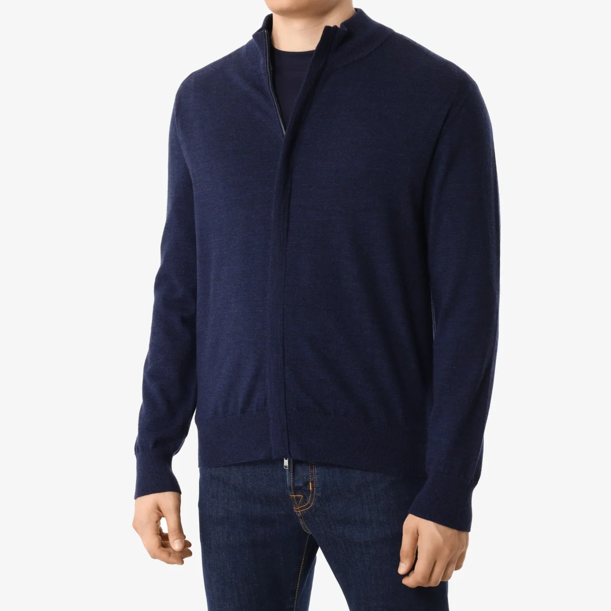 BML navy merino wool mock neck zip cardigan