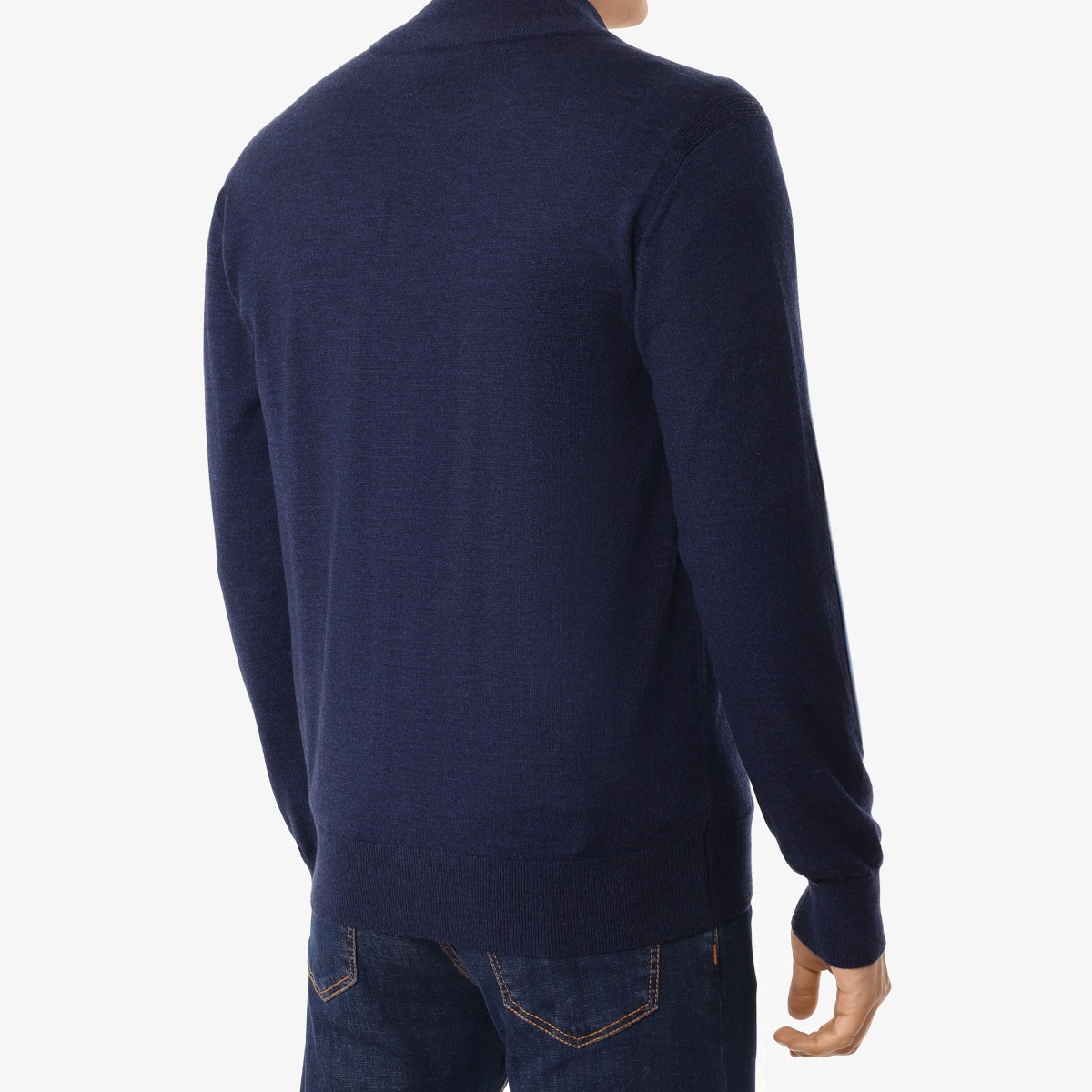 BML navy merino wool mock neck zip cardigan