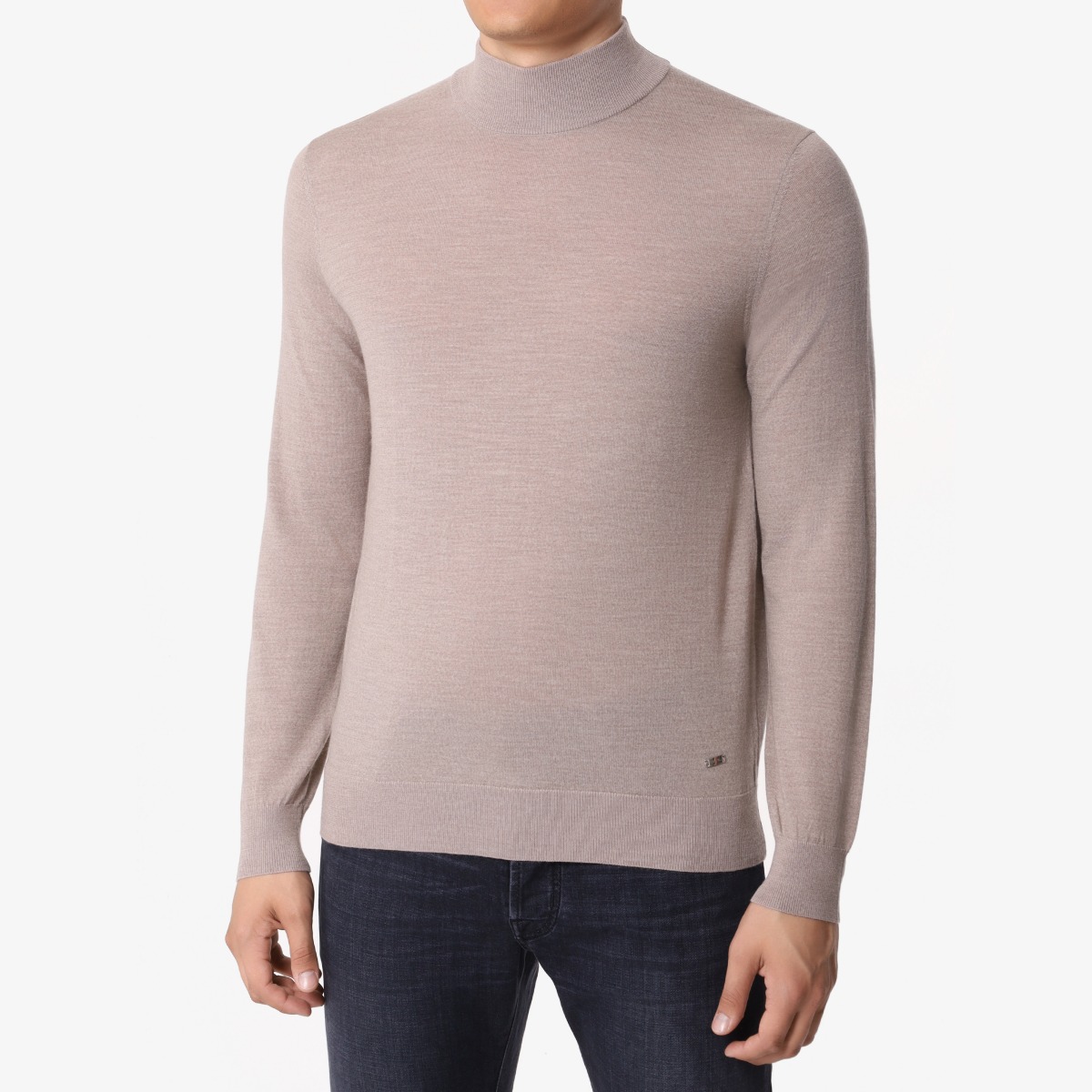 BML taupe merino wool mock neck sweater