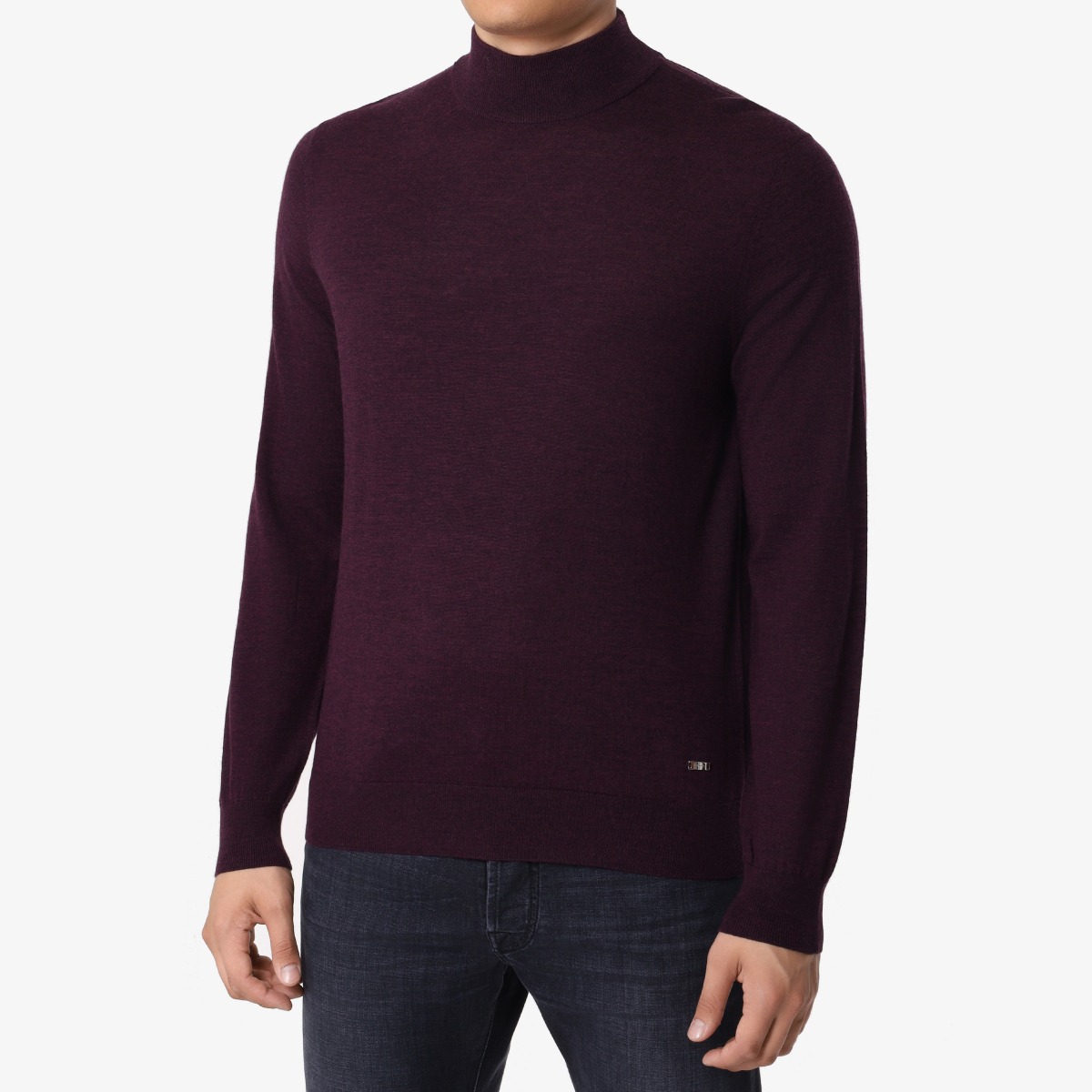 BML aubergine merino wool mock neck sweater