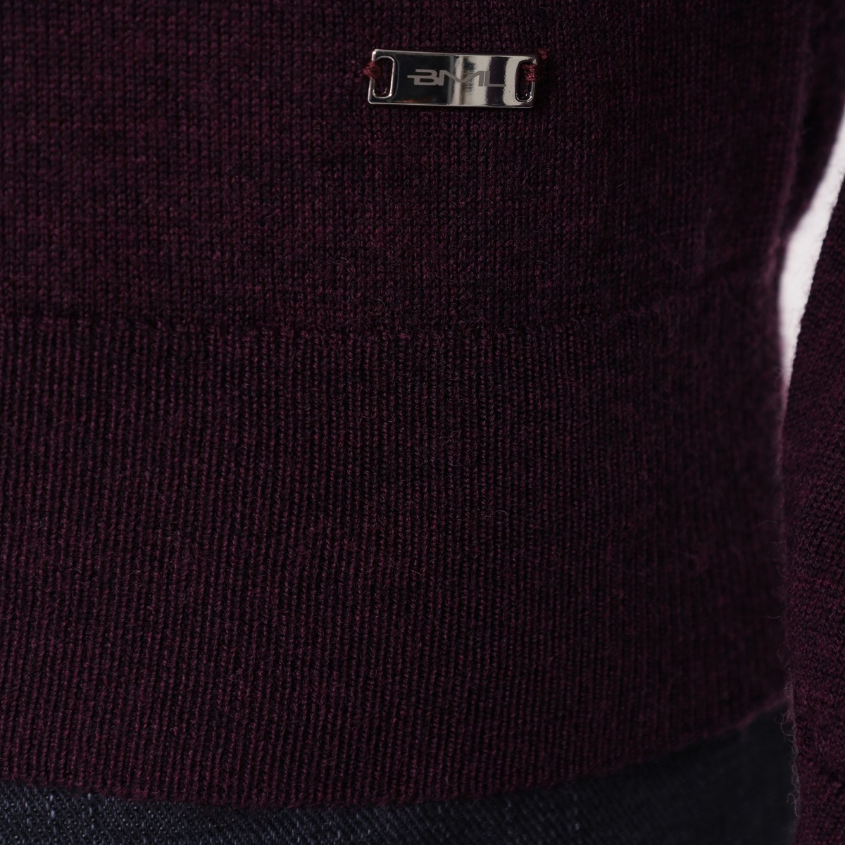 BML aubergine merino wool mock neck sweater