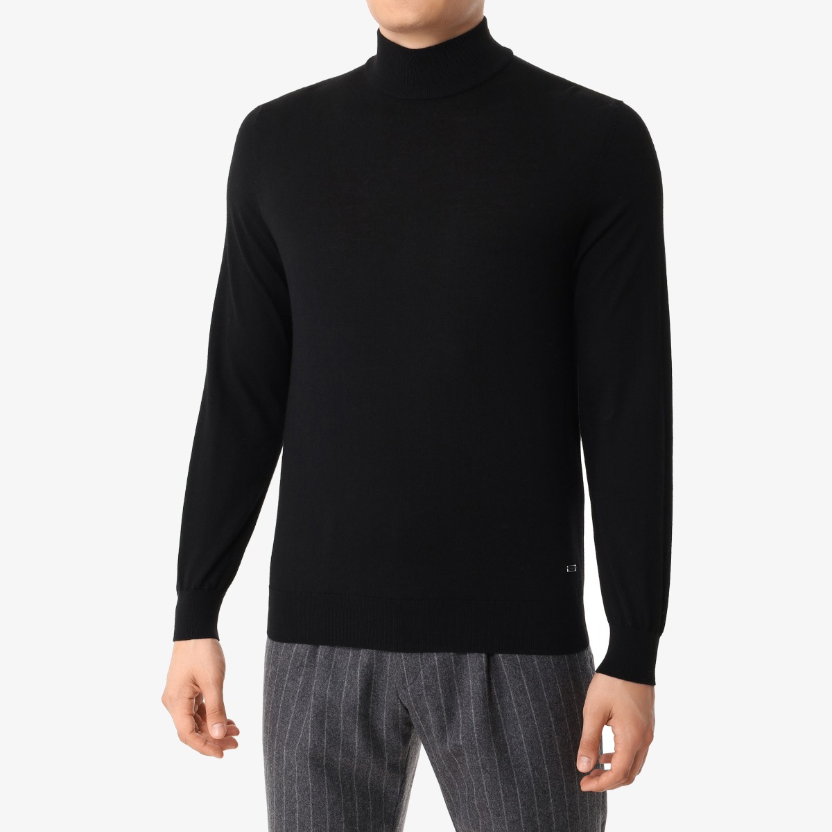 BML black merino wool mock neck sweater