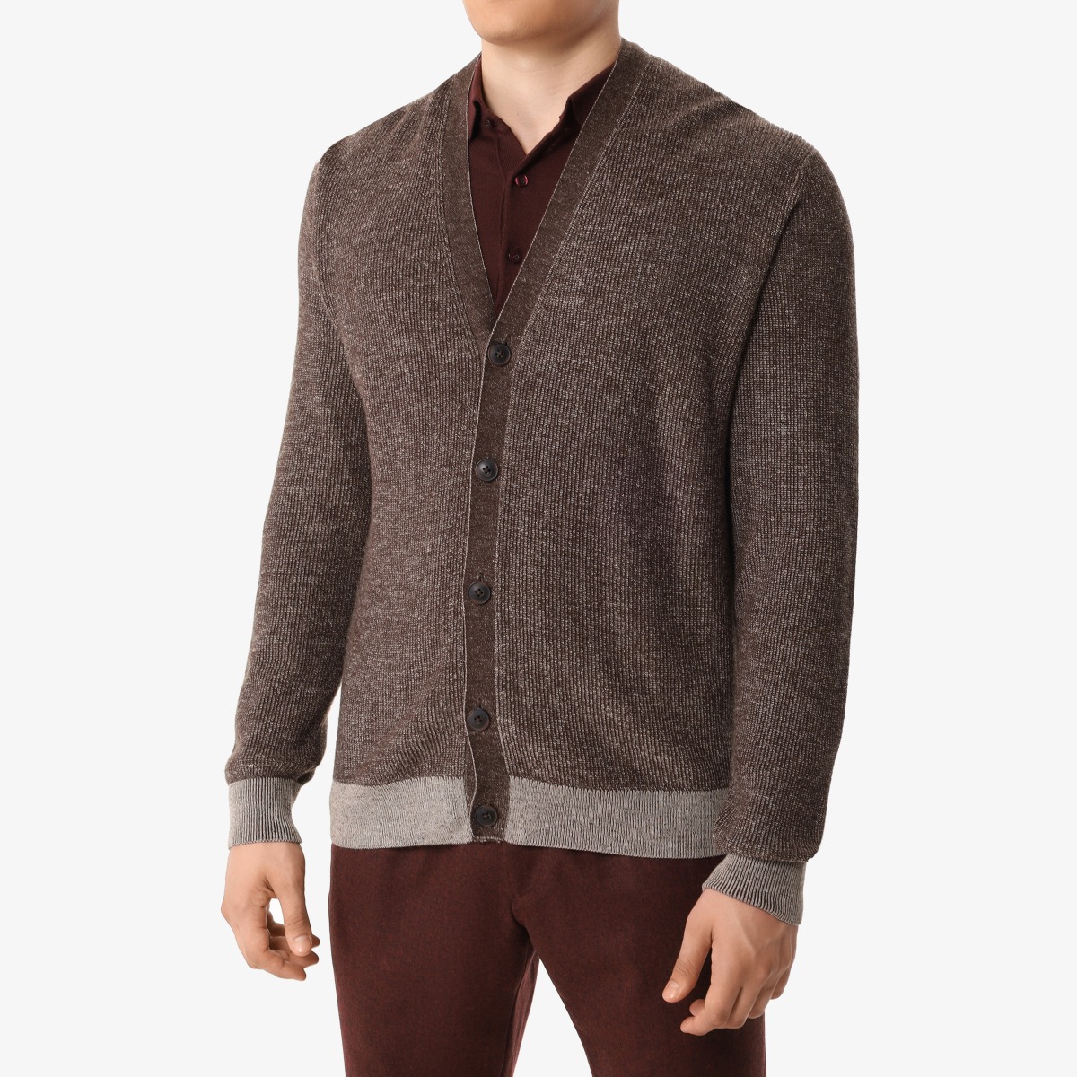 BML brown merino wool and silk v-neck cardigan