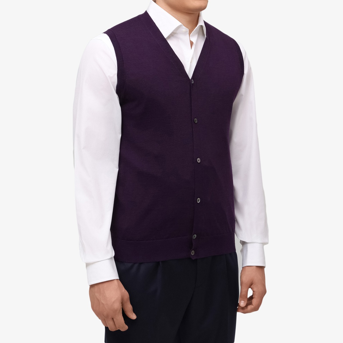 BML aubergine merino wool v-neck vest