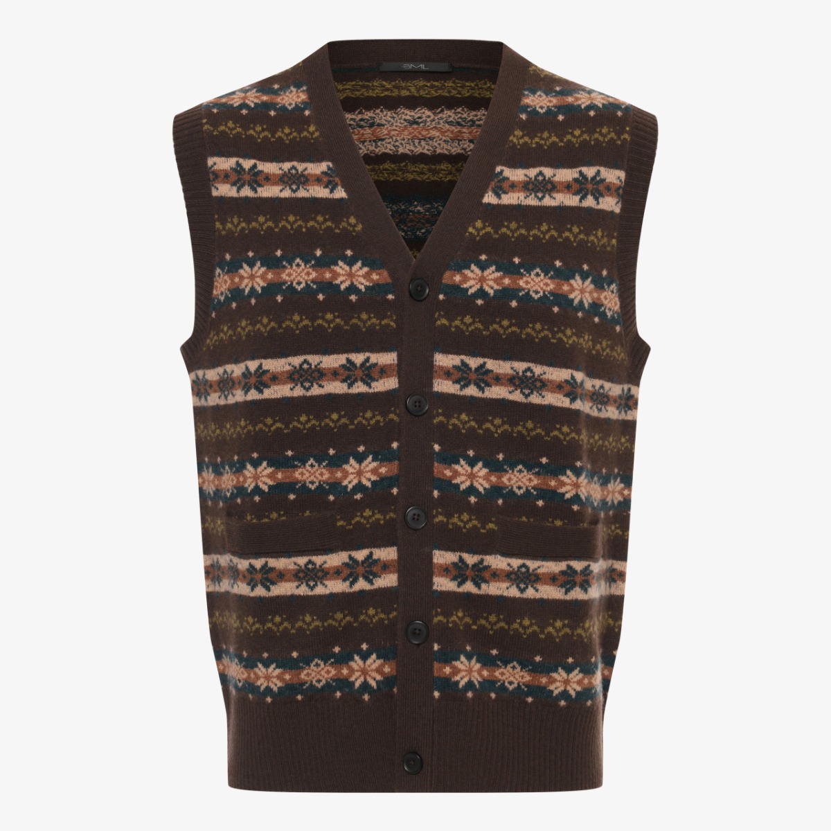 BML dark brown Fair Isle merino wool v-neck vest