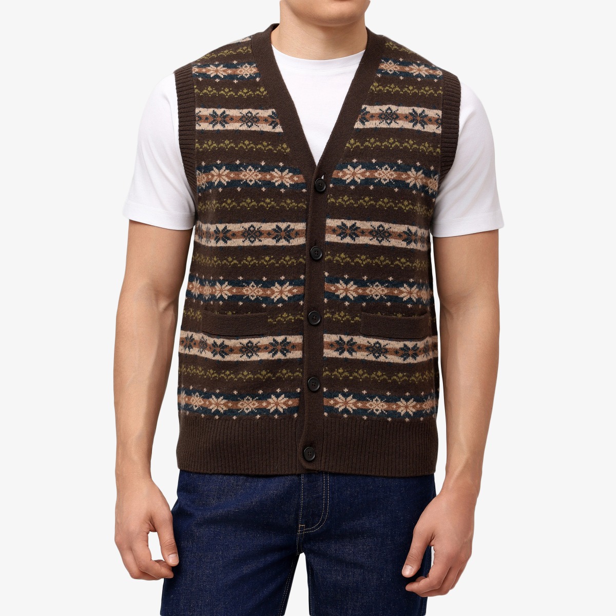 BML dark brown Fair Isle merino wool v-neck vest