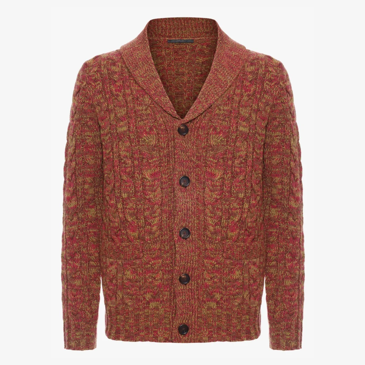 BML rust merino wool cable knit shawl collar cardigan