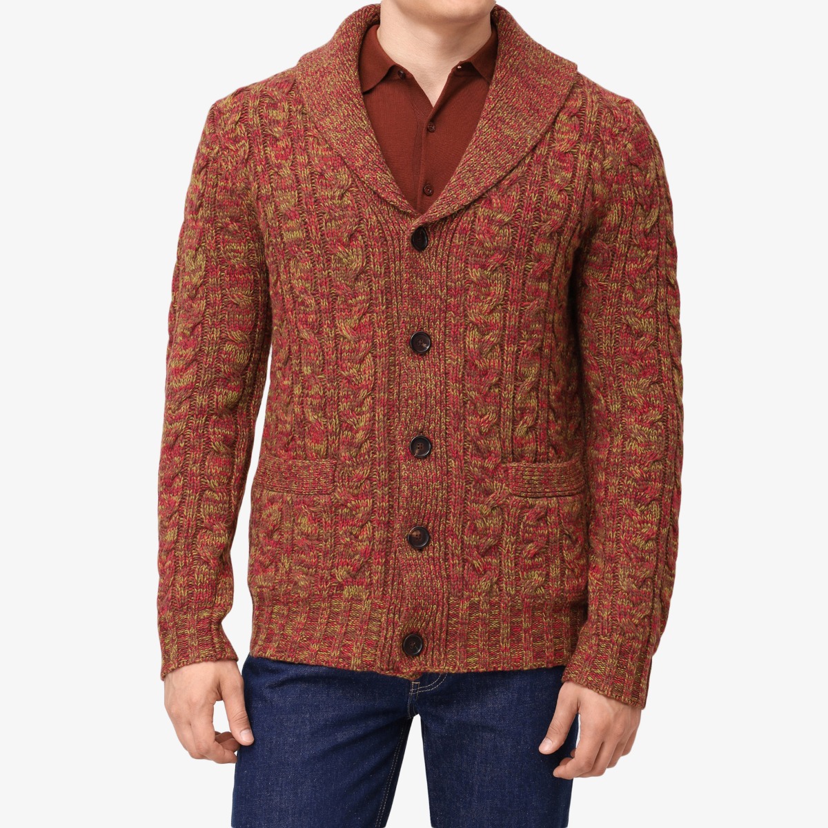 BML rust merino wool cable knit shawl collar cardigan