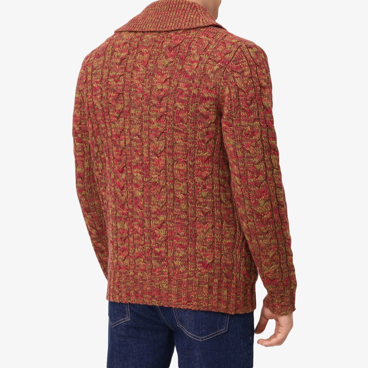 BML rust merino wool cable knit shawl collar cardigan