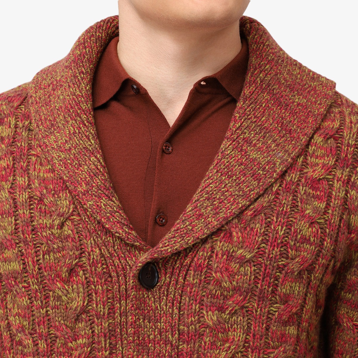BML rust merino wool cable knit shawl collar cardigan
