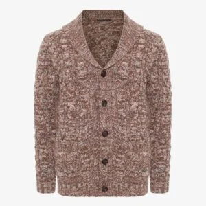 BML brown merino wool cable knit shawl collar cardigan