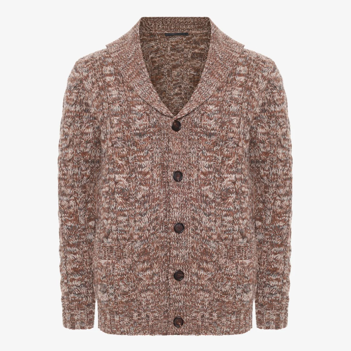 BML brown merino wool cable knit shawl collar cardigan