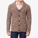 BML brown merino wool cable knit shawl collar cardigan