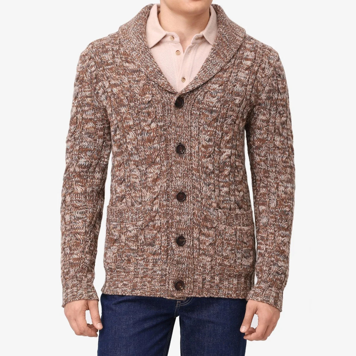 BML brown merino wool cable knit shawl collar cardigan