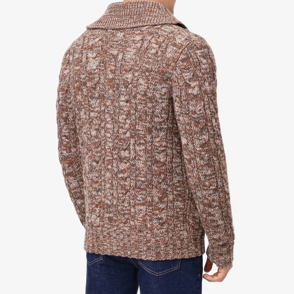 BML brown merino wool cable knit shawl collar cardigan