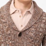 BML brown merino wool cable knit shawl collar cardigan