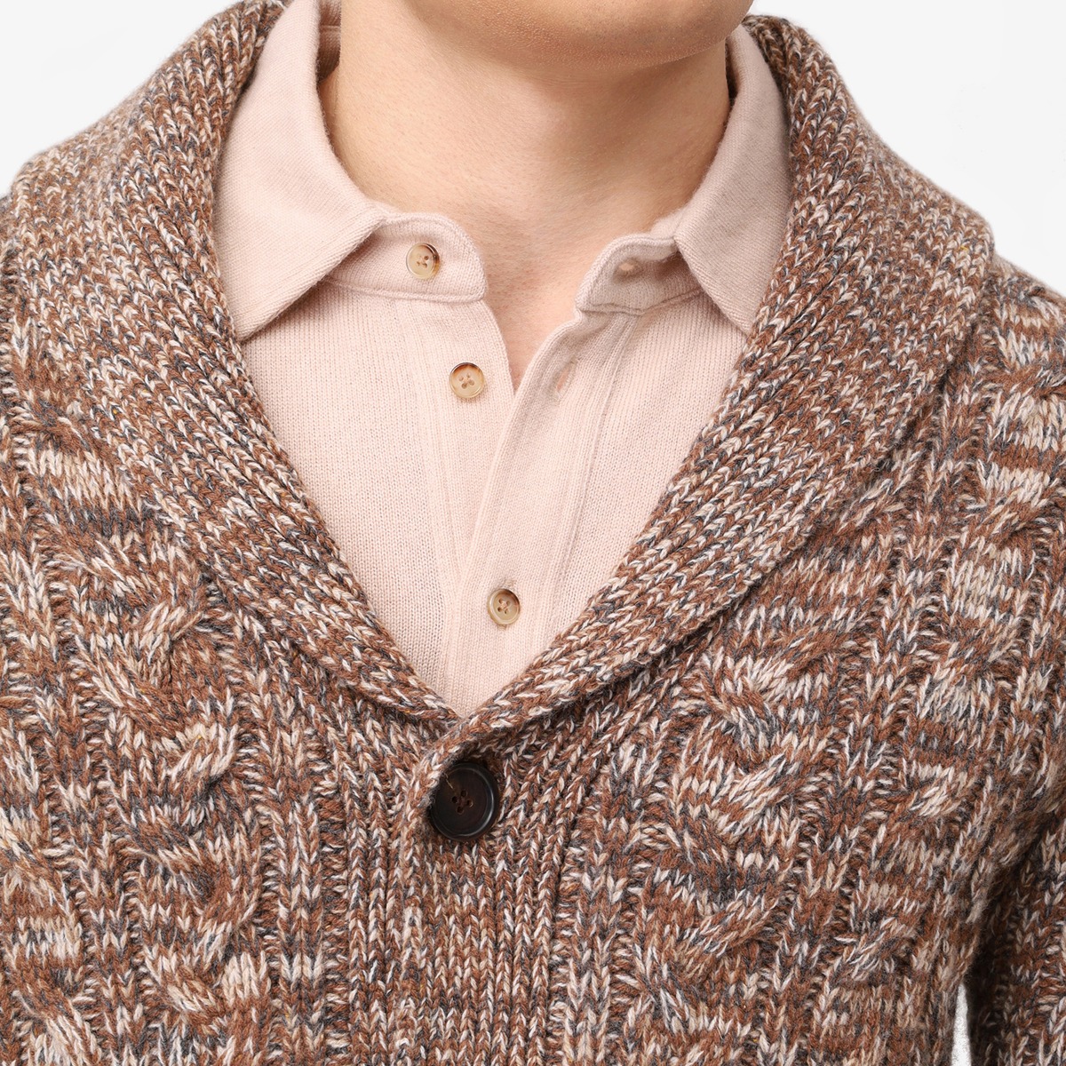 BML brown merino wool cable knit shawl collar cardigan