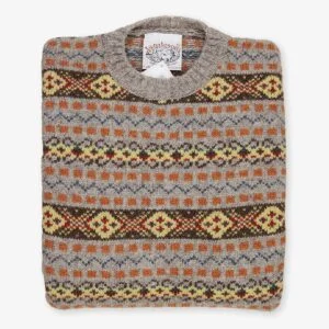 Jamieson's brown yellow orange fair isle wool crew neck sweater