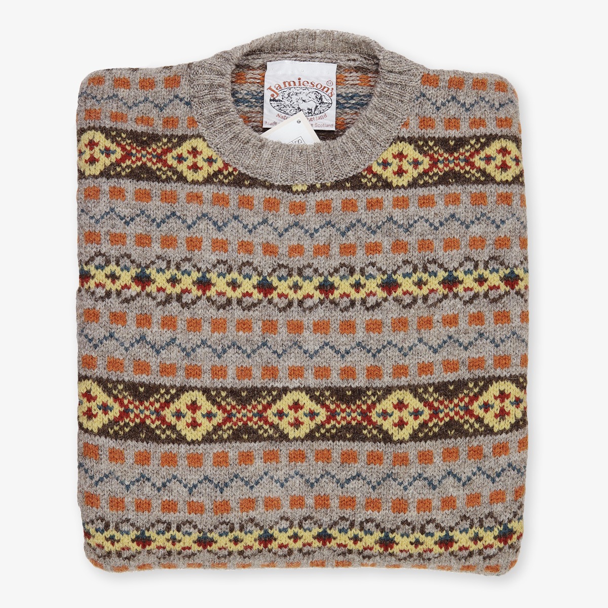 Jamiesons brown Fair Isle wool crew neck sweater