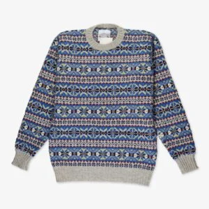 Jamieson's grey red blue Fair Isle wool crew neck sweater