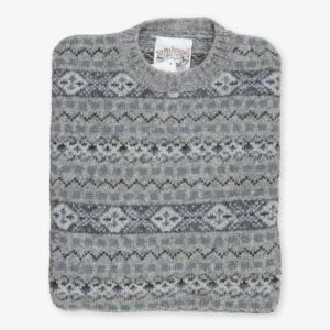 Jamieson's light grey fair isle wool crew neck sweater