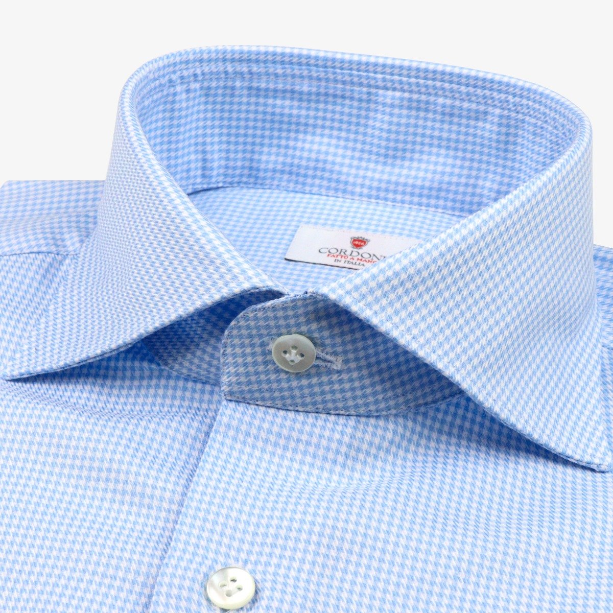 Cordone 1956 light blue slim fit houndstooth twill shirt