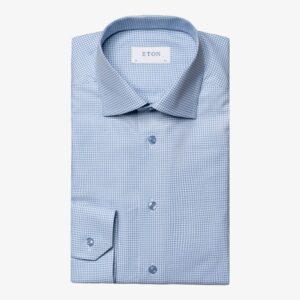 Eton light blue checked cotton tencel shirt