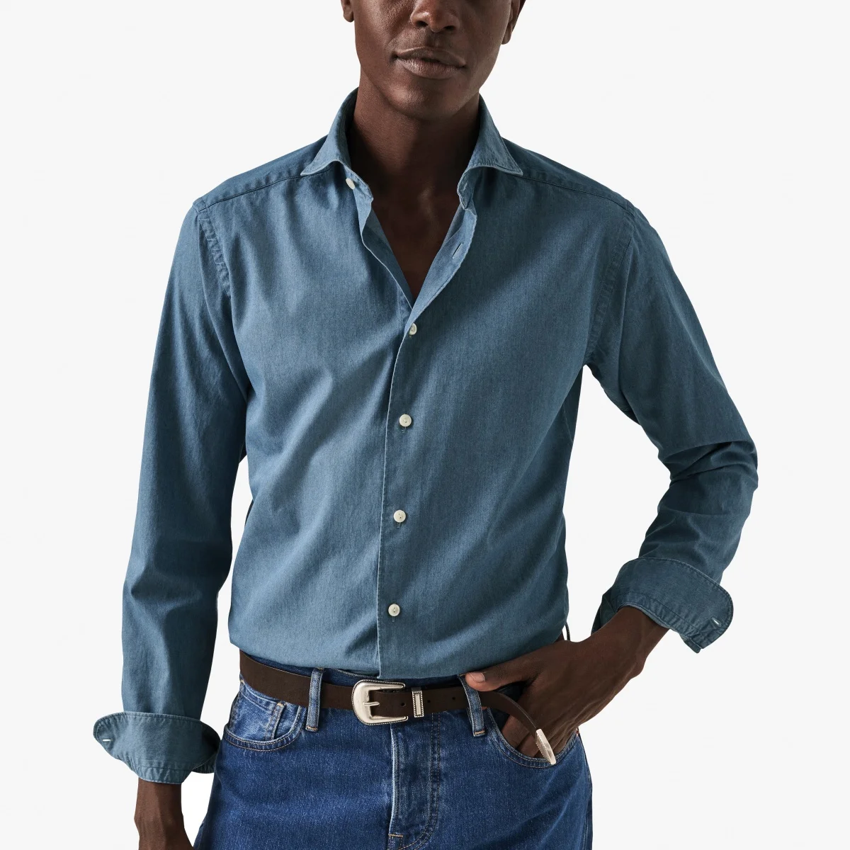 Eton light blue slim fit lightweight denim twill shirt