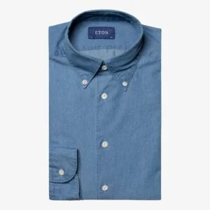 Eton mėlyni slim fit džinsiniai tvilo marškiniai - su sagutėmis