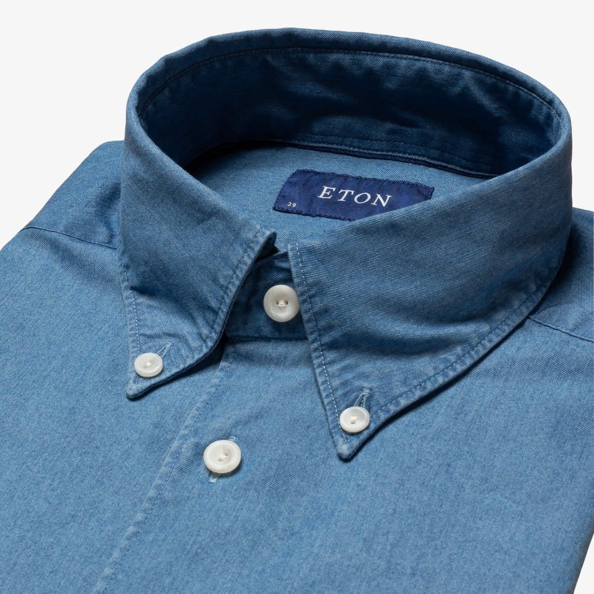 Eton mid blue slim fit lightweight denim men's casual shirt - Button down collar
