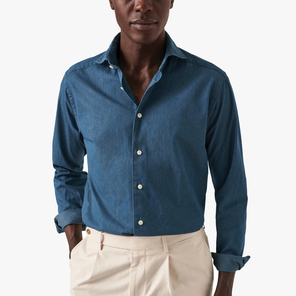 Eton tamsiai mėlyni slim fit džinsiniai tvilo marškiniai