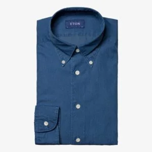 Eton tamsiai mėlyni slim fit džinsiniai tvilo marškiniai - su sagutėmis