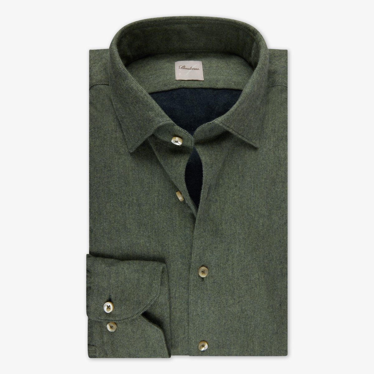 Stenströms green slim fit flannel twill shirt